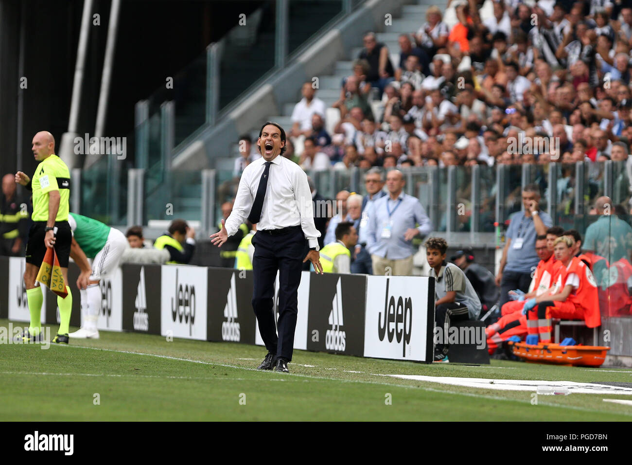 Torino, Italy. 25th August, 2018. Simone Inzaghi, head coach of SS Lazio, gestures during the Serie A football match between Juventus Fc and SS Lazio.  Credit: Marco Canoniero / Alamy Live News . Credit: Marco Canoniero/Alamy Live News Stock Photo