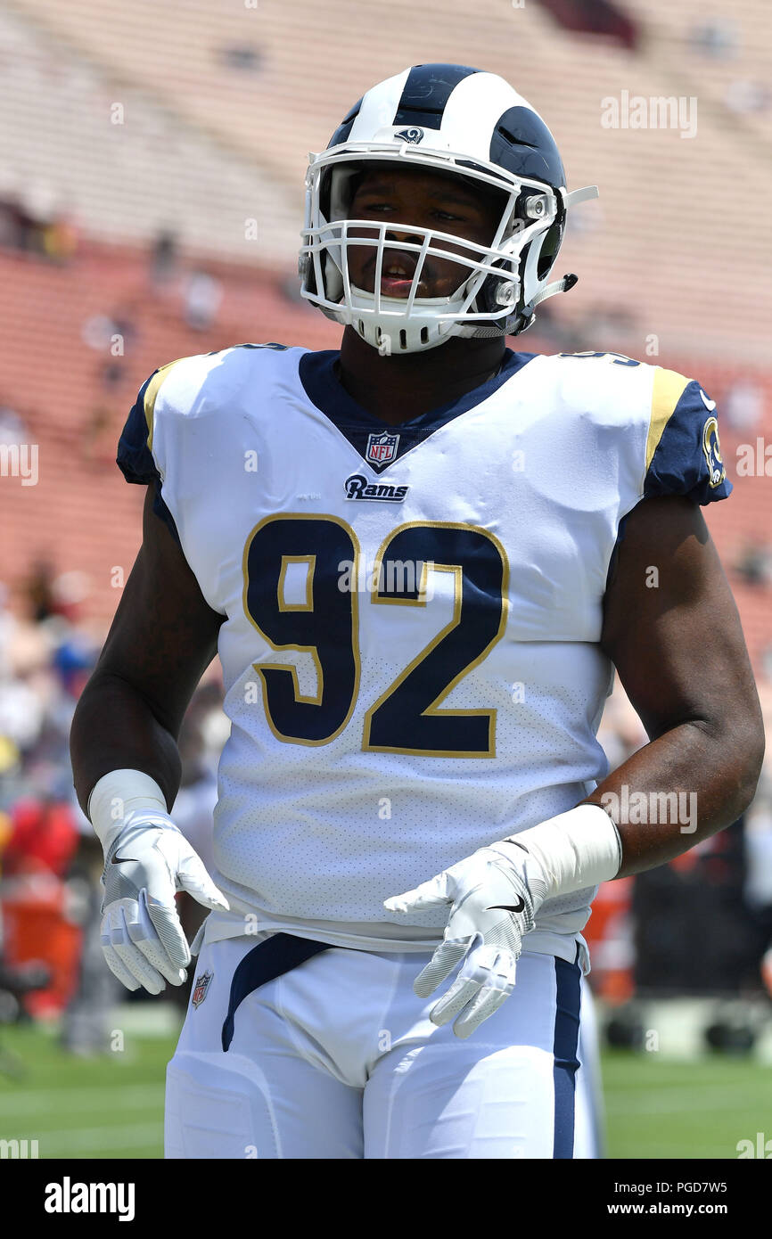 Los Angeles Rams defensive tackle Tanzel Smart gets set to run a play  during a preseason NFL football game against the Denver Broncos Saturday,  Aug. 24, 2019, in Los Angeles. (AP Photo/Mark