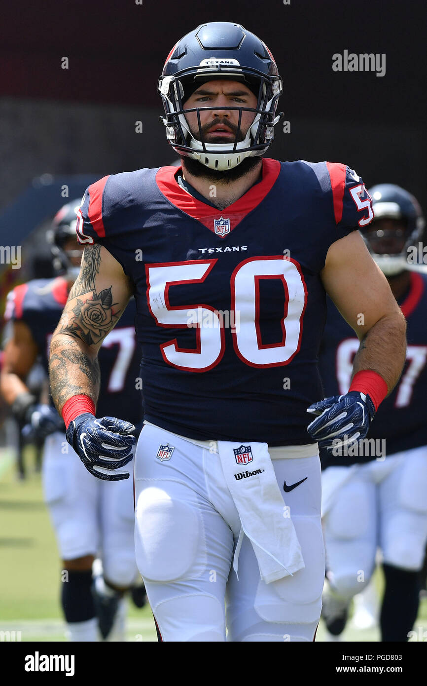 Los Angeles, USA. 25 August 2018. The Houston Texans linebacker Ben Heeney #50 takes the field before the NFL Preseason football game against the Houston Texans at the Los Angeles Memorial Coliseum in Los Angeles, California.Mandatory Photo Credit: Louis Lopez/CSM Credit: Cal Sport Media/Alamy Live News Stock Photo