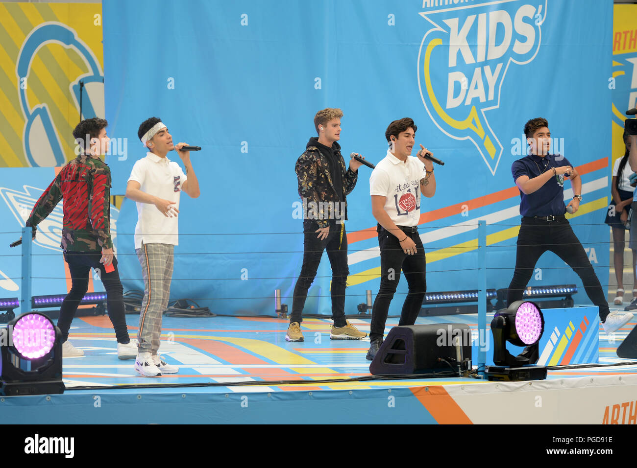 Flushing NY, USA. 25th Aug, 2018. Brady Tutton, Chance Perez, Drew Ramos, Sergio Calderon and Michael Conor of In Real Life perform Arthur Ashe Kids Day on Arthur Ashe Stadium at the USTA Billie Jean King National Tennis Center on August 25, 2018 in Flushing Queens. Credit: Mpi04/Media Punch ***No Ny Newspapers***/Alamy Live News Stock Photo