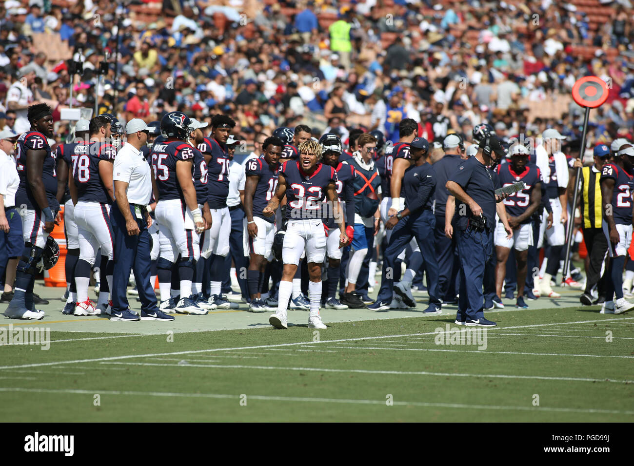 August 25, 2018 Los Angeles, CA.Houston Texans defensive back Tyrann  Mathieu (32) arguing a call in the pocket during the NFL Houston Texans vs  Los Angeles Rams at the Los Angeles Memorial