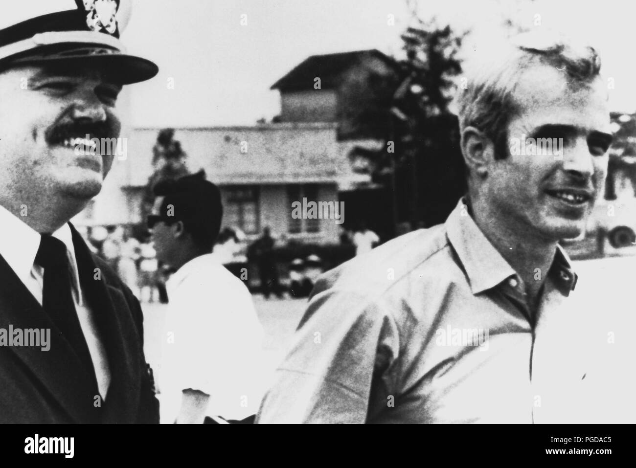 Mar 14, 1973 - Hanoi, Vietnam - JOHN MCCAIN on his release from captivity in North Vietnam. John Sidney McCain III (born August 29, 1936) is the senior United States Senator from Arizona and presumptive Republican Party nominee for President of the United States in the upcoming 2008 election. During the Vietnam War, he nearly lost his life in the 1967 USS Forrestal fire. Later that year while on a bombing mission over North Vietnam, he was shot down, badly injured, and captured as a prisoner of war by the North Vietnamese. He spent five and a half years as a prisoner of war, experiencing episo Stock Photo