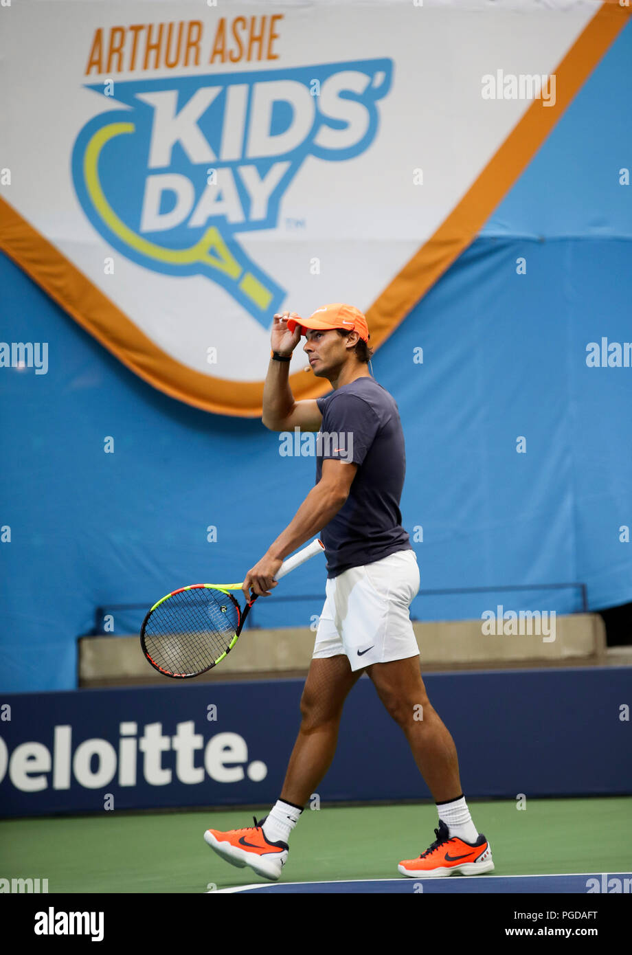 New York, USA. 25th Aug, 2018. Tennis player Rafael Nadal arrives for a tennis technique competition during the Arthur Ashe Kids' Day of the U.S. Open in New York, the United States, Aug. 25, 2018. Credit: Wang Ying/Xinhua/Alamy Live News Stock Photo