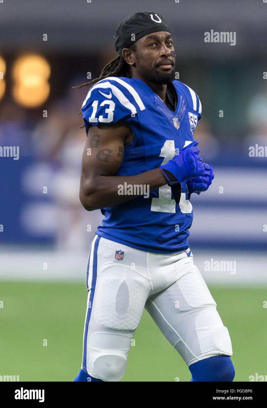 August 25, 2018: Indianapolis Colts wide receiver T.Y. Hilton (13) during  NFL football preseason game action between the San Francisco 49ers and the  Indianapolis Colts at Lucas Oil Stadium in Indianapolis, Indiana.