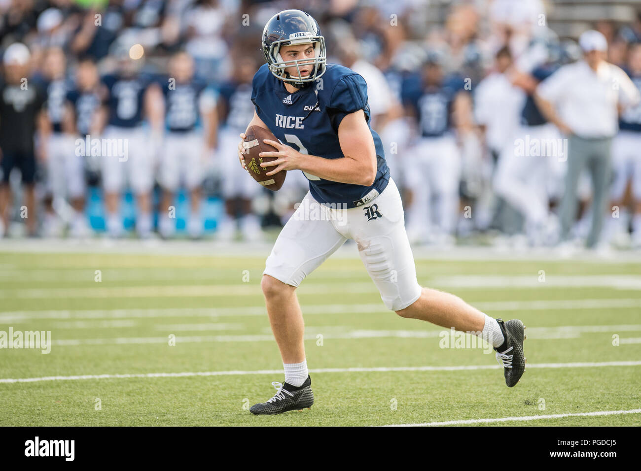 Houston, USA. 25 August 2018. Rice Owls place kicker Jack Fox (2) looks ...