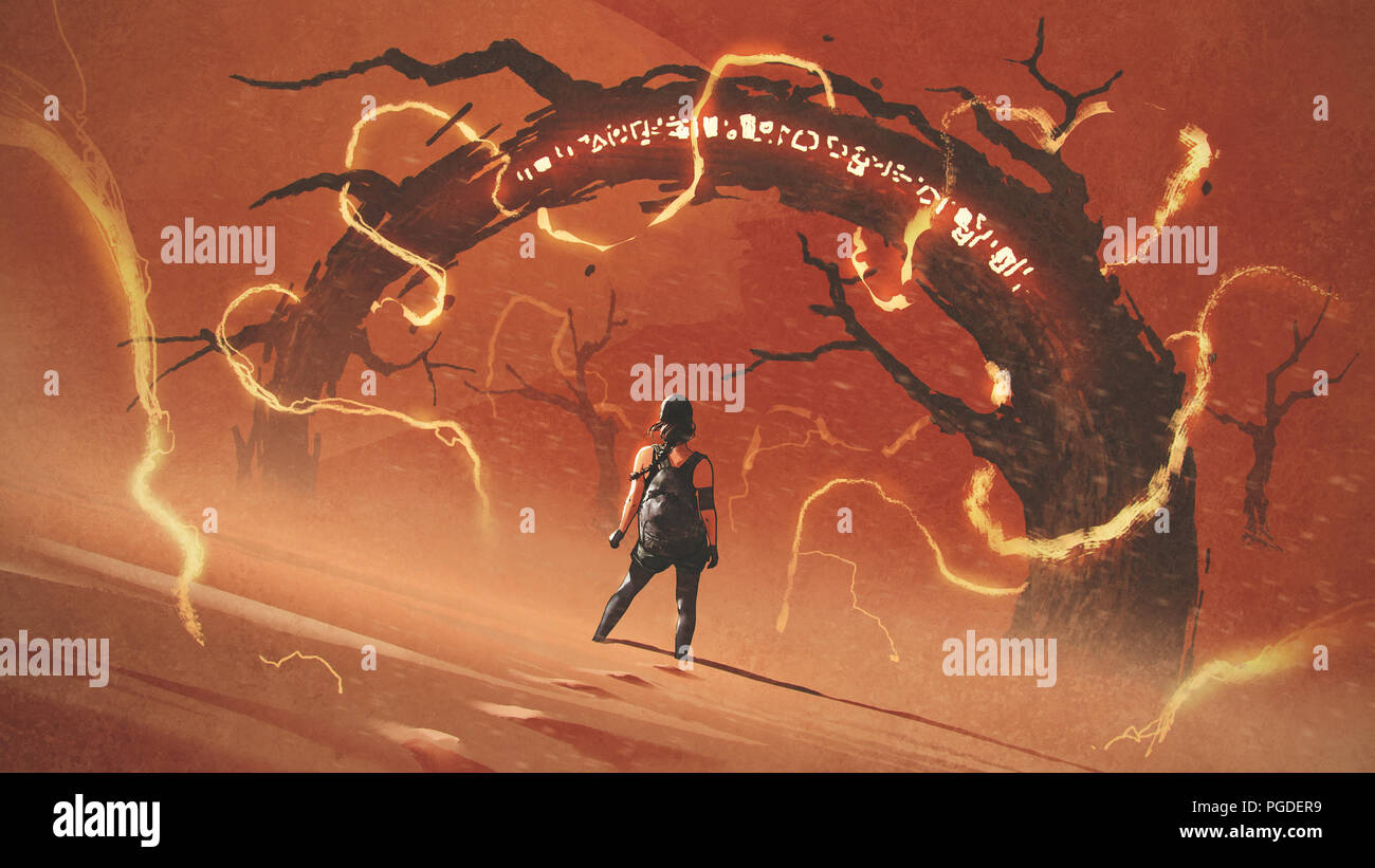 adventure scene showing the young woman standing in front of the odd tree gate with lightning effects against red desert, digital art style, illustrat Stock Photo