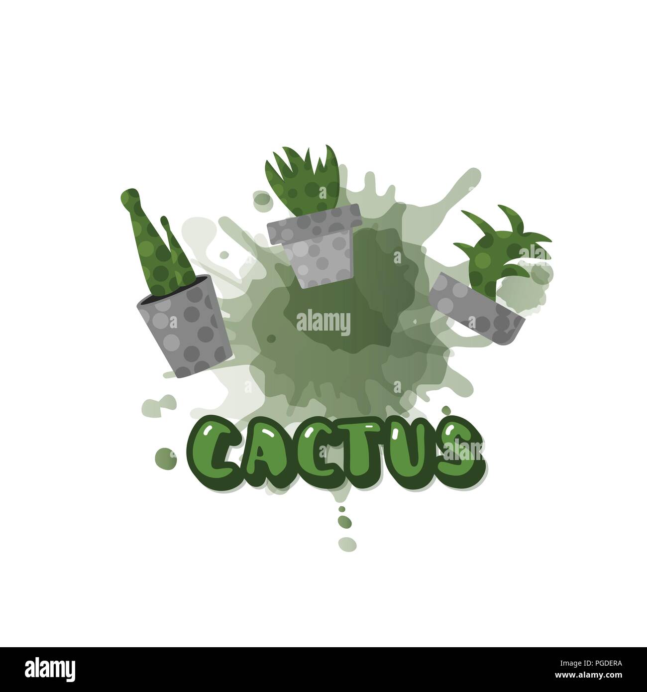 Set of cactuses with cement pots and watercolor splash. Collection of succulents  with handwritten lettering isolated on white background. Vector illu Stock Vector