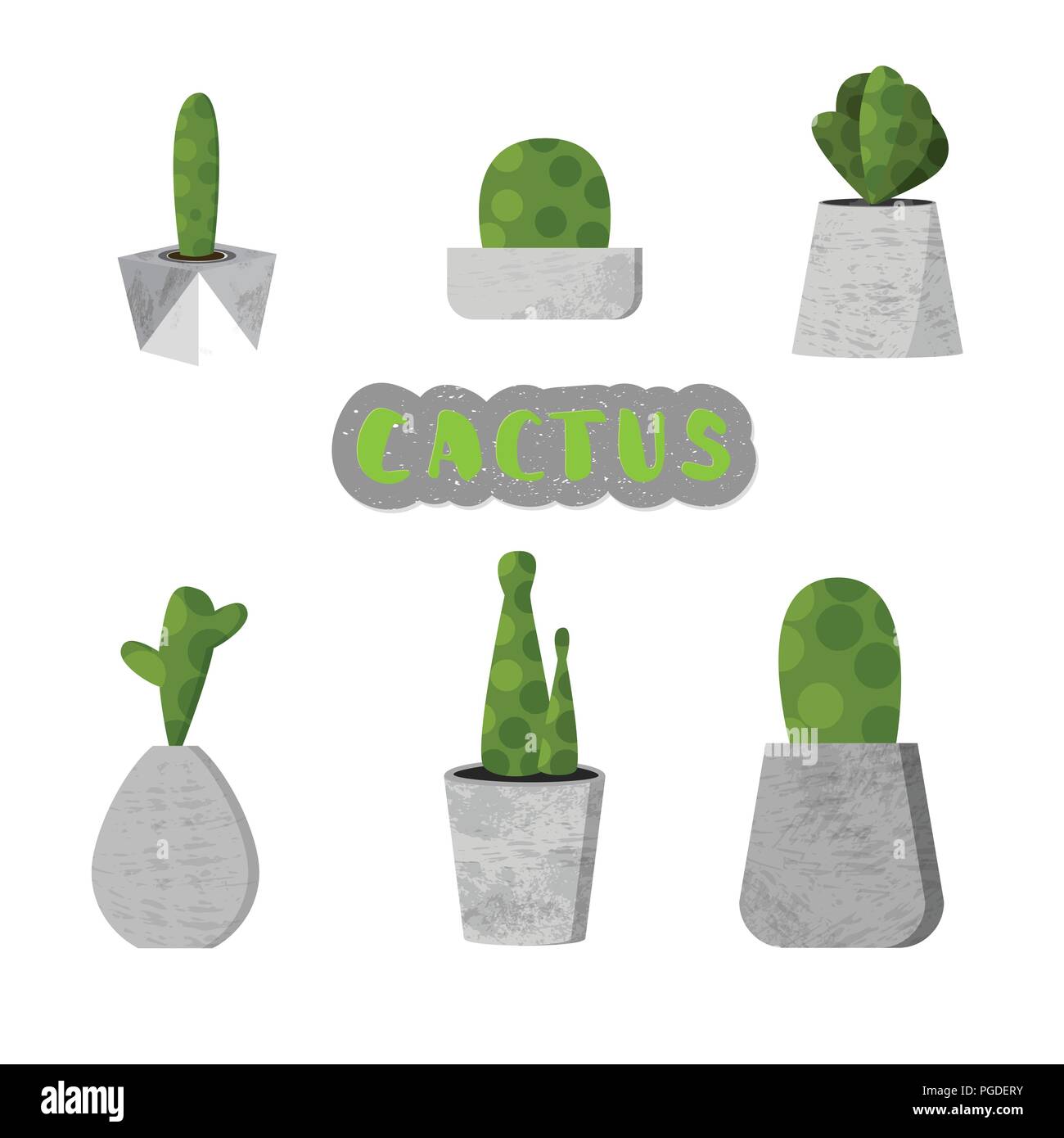 Set of cactuses with cement pots. Collection of succulents  with handwritten lettering isolated on white background. Vector illustration. Stock Vector