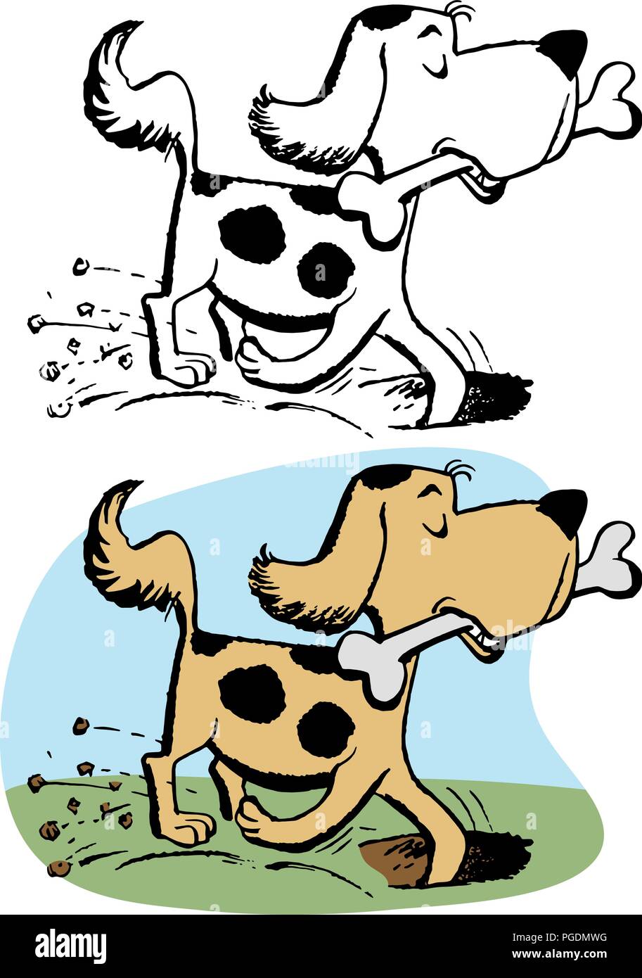 A dog digging a hole and burying a bone in his yard. Stock Vector