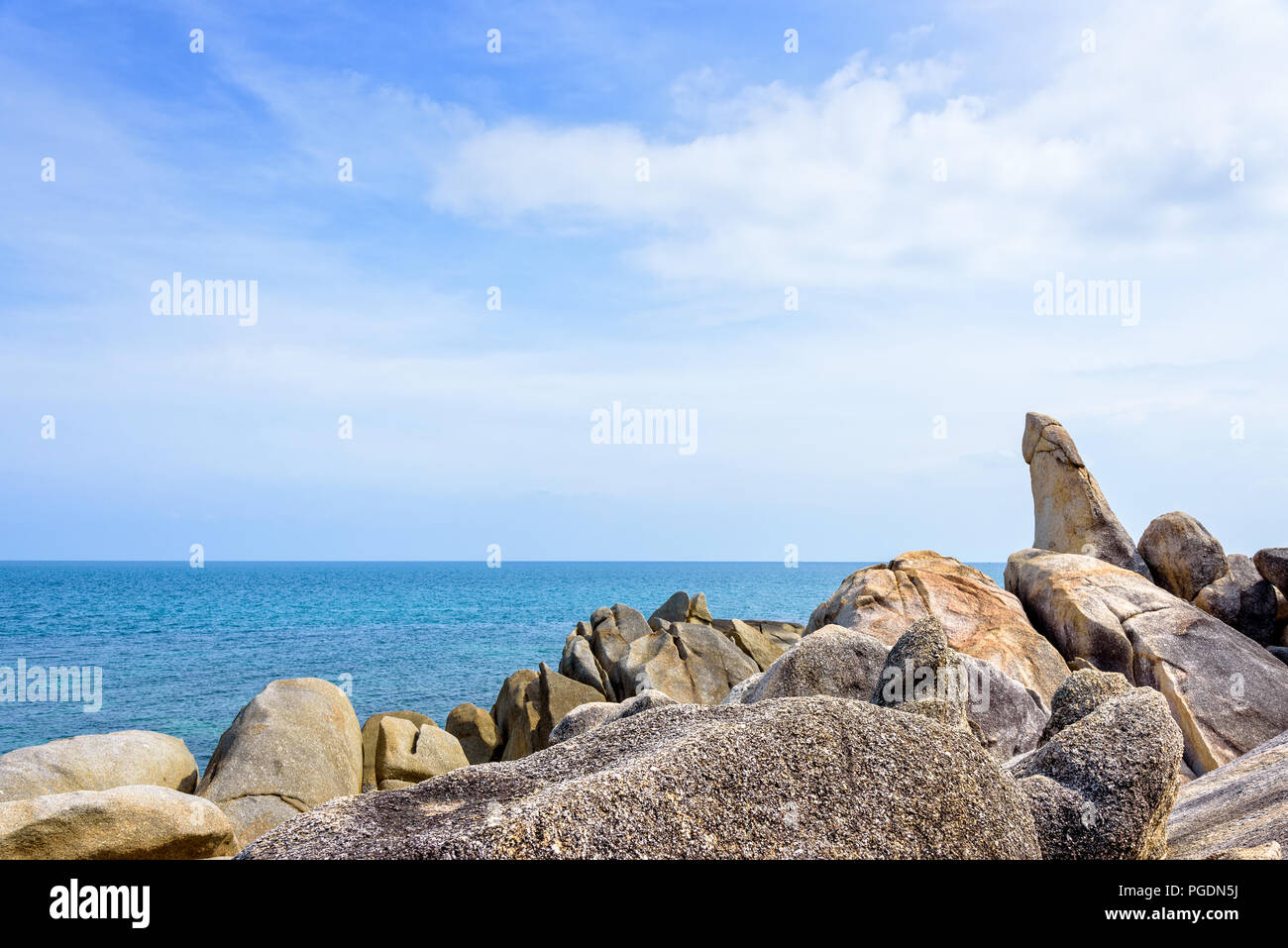 Hin Ta Hin Yai is a symbol famous tourist destinations, Beautiful rock coastline near the blue sea under the summer sky at Lamai beach of Koh Samui is Stock Photo