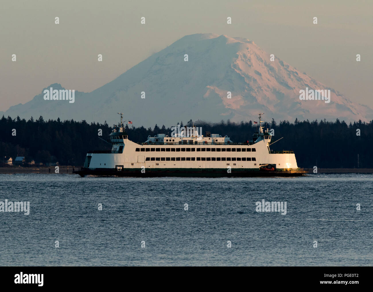 Mount Rainier with Port Townsend ferry on Puget Sound. Stock Photo