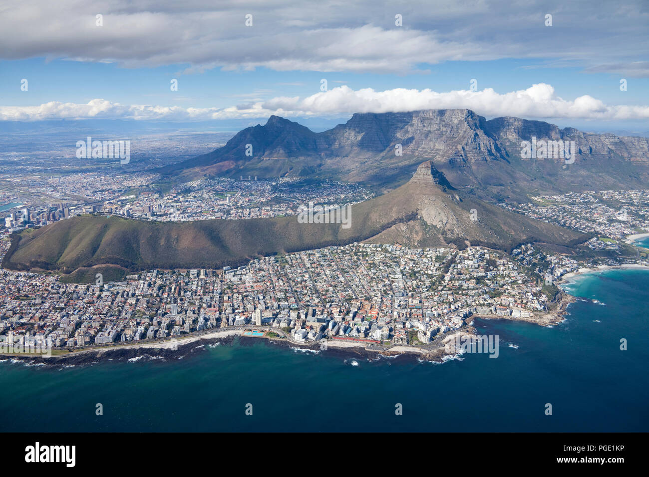 Cape Town Aerial showing  Signal Hill and Lion's Head (right). South Africa. Stock Photo