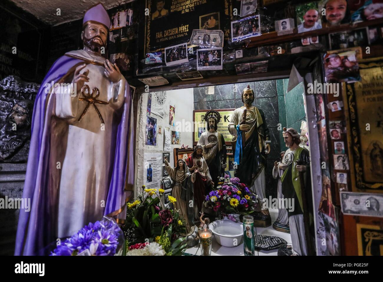 Altar in honor of Jesús Malverde who is revered as Saint who every day attracts hundreds of followers to his chapel in Culiacan Sinaloa. iglecia, Stock Photo