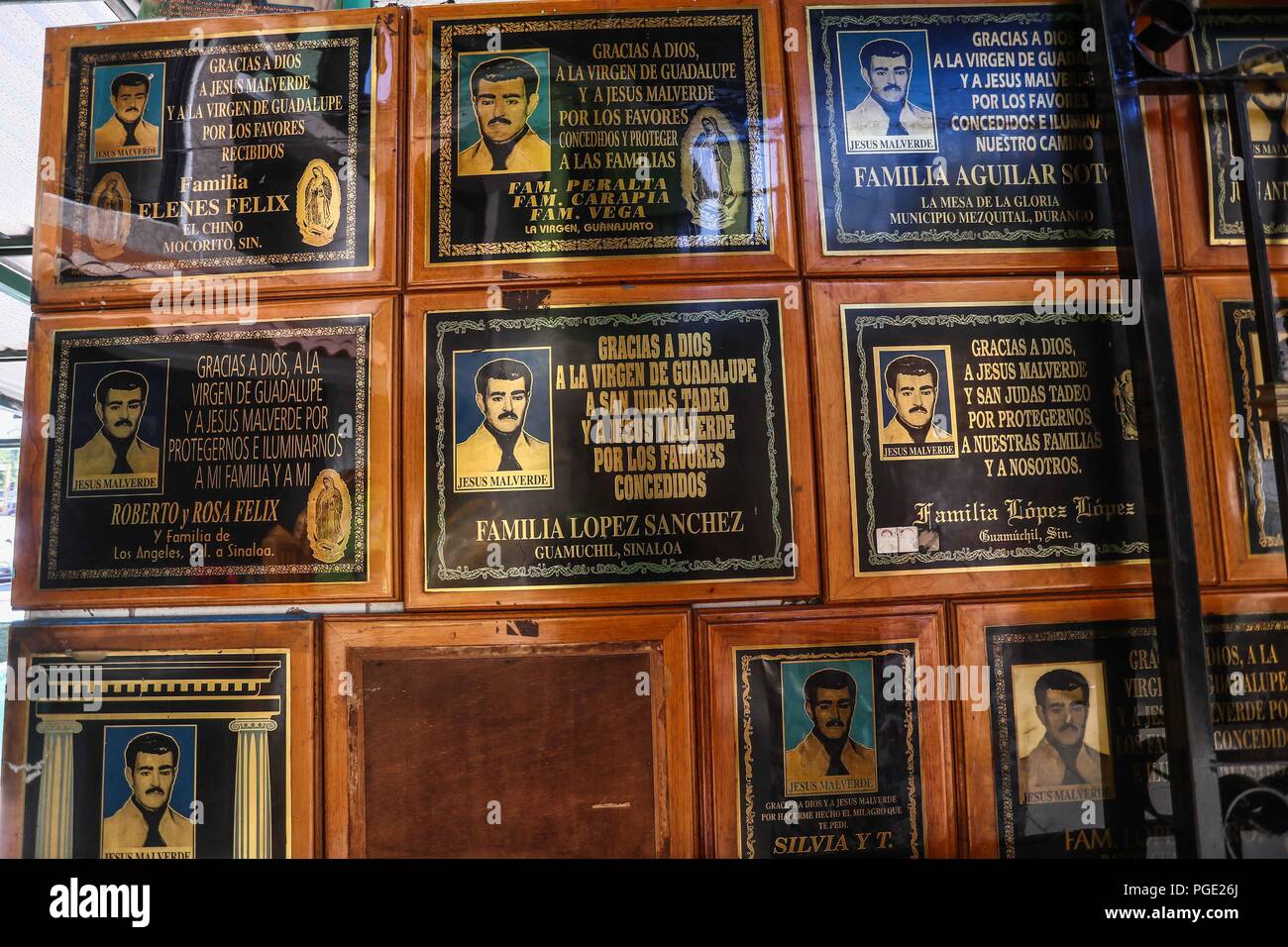 Altar in honor of Jesús Malverde who is revered as Saint who every day attracts hundreds of followers to his chapel in Culiacan Sinaloa. iglecia, Stock Photo