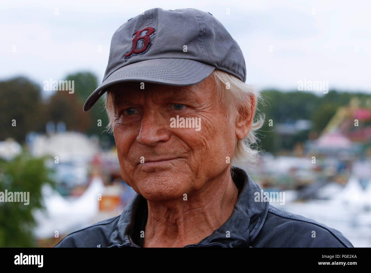 Worms, Germany. 24th Aug, 2018. Close-up portrait of Terence Hill. Italian actor Terence Hill visited the German city of Worms, to present his new movie (My Name is somebody). Terence Hill added the stop in Worms to his movie promotion tour in Germany, to visit a pedestrian bridge, that is unofficially named Terence-Hill-Bridge (officially Karl-Kubel-Bridge). Credit: Michael Debets/Pacific Press/Alamy Live News Stock Photo