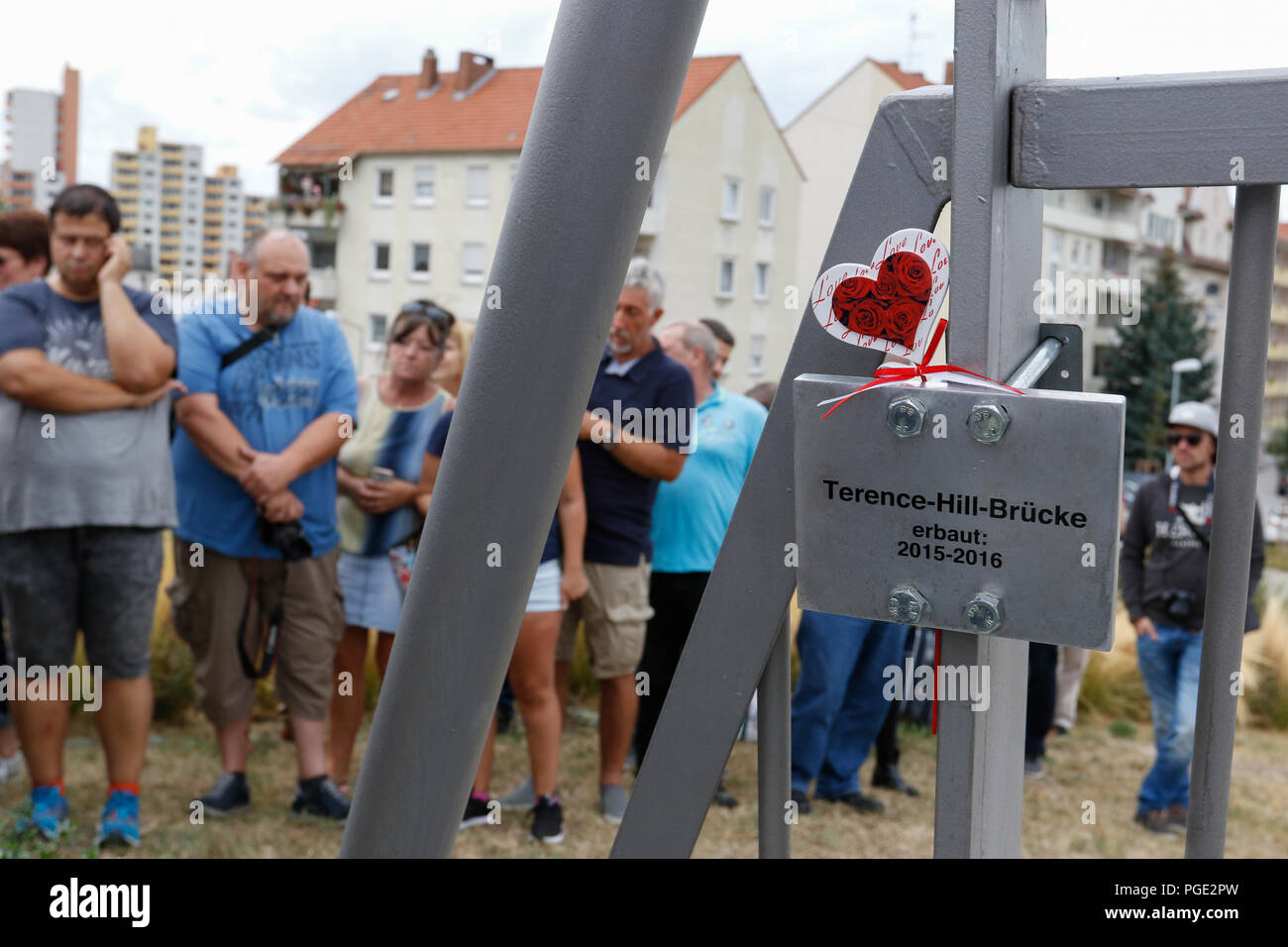 Worms, Germany. 24th Aug, 2018. An unofficial sign with the name Terence-Hill-bridge is affixed to the bridge. Italian actor Terence Hill visited the German city of Worms, to present his new movie (My Name is somebody). Terence Hill added the stop in Worms to his movie promotion tour in Germany, to visit a pedestrian bridge, that is unofficially named Terence-Hill-Bridge (officially Karl-Kubel-Bridge). Credit: Michael Debets/Pacific Press/Alamy Live News Stock Photo