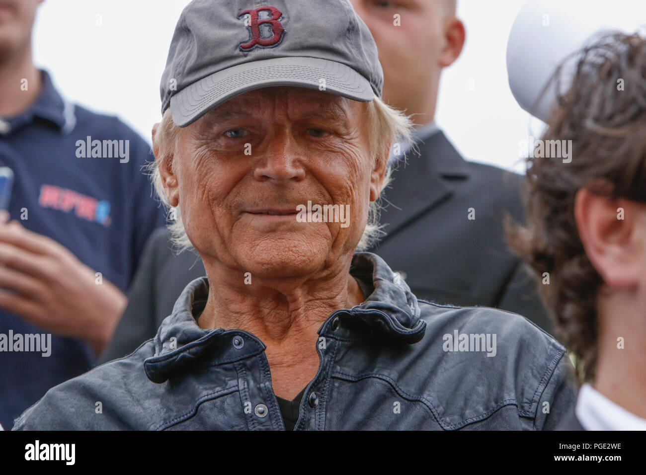 Worms, Germany. 24th Aug, 2018. Close-up portrait of Terence Hill. Italian actor Terence Hill visited the German city of Worms, to present his new movie (My Name is somebody). Terence Hill added the stop in Worms to his movie promotion tour in Germany, to visit a pedestrian bridge, that is unofficially named Terence-Hill-Bridge (officially Karl-Kubel-Bridge). Credit: Michael Debets/Pacific Press/Alamy Live News Stock Photo