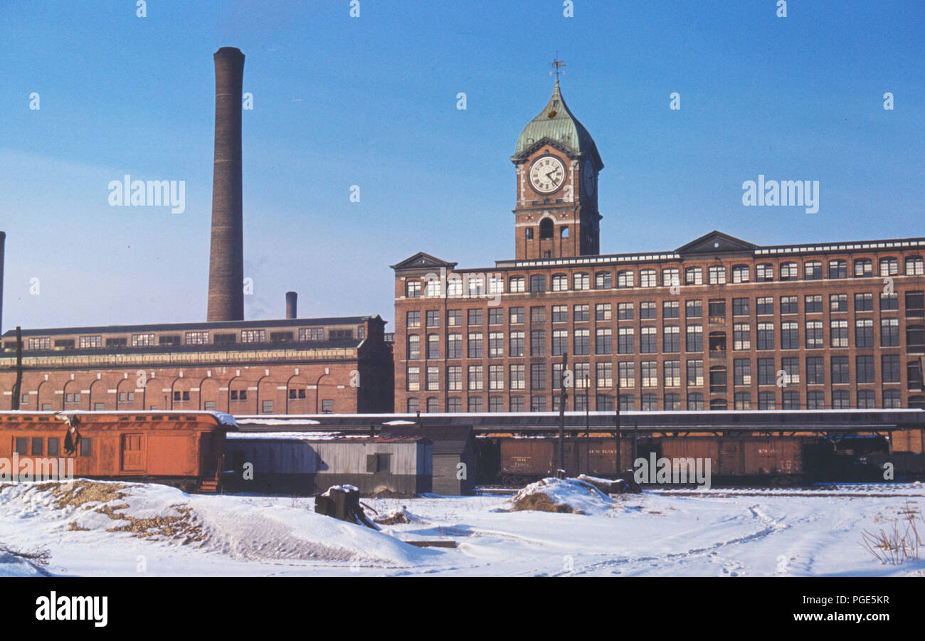 Railroad cars and factory buildings in Lawrence, Mass. January 1941 Stock Photo