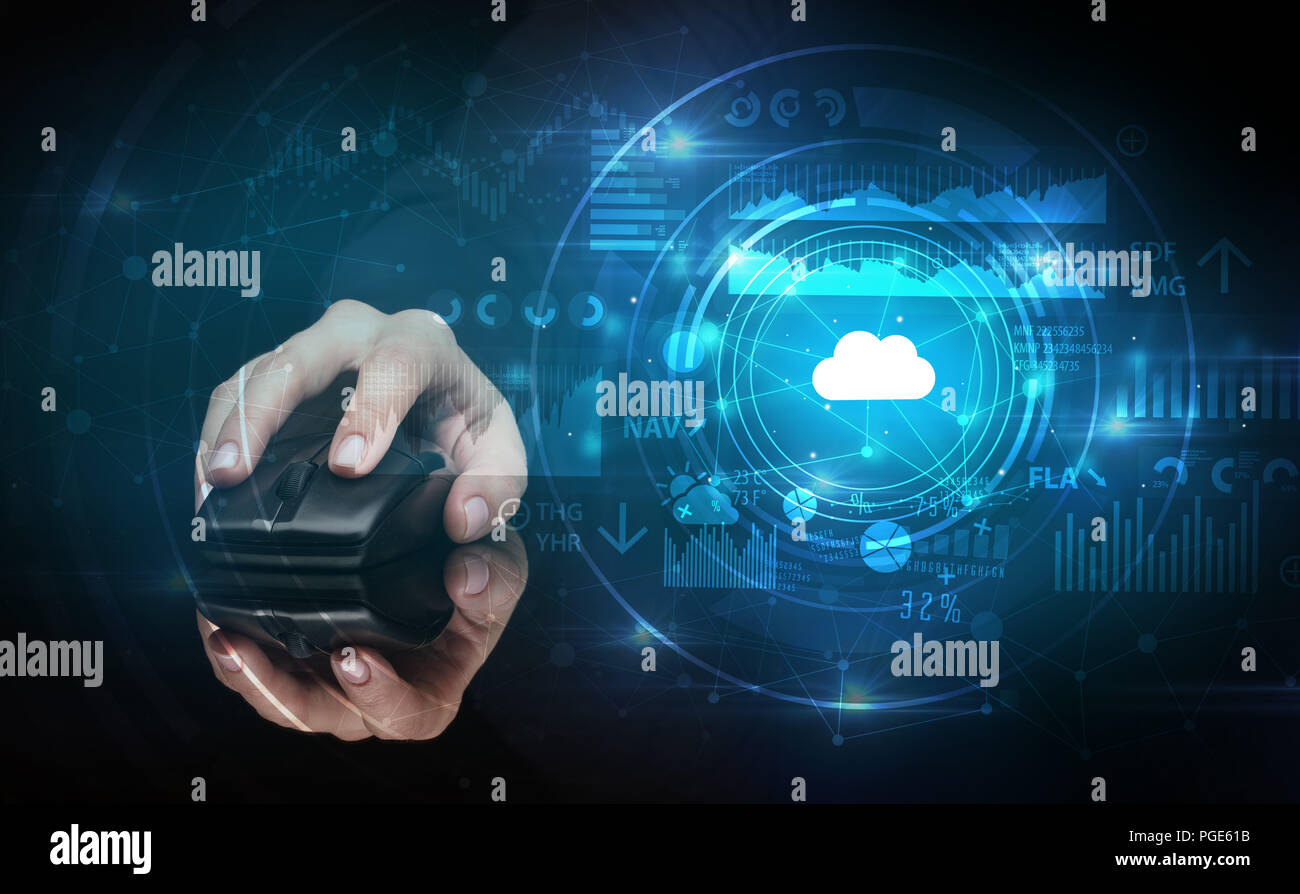 Hand using wireless mouse with cloud technology concept and dark background Stock Photo
