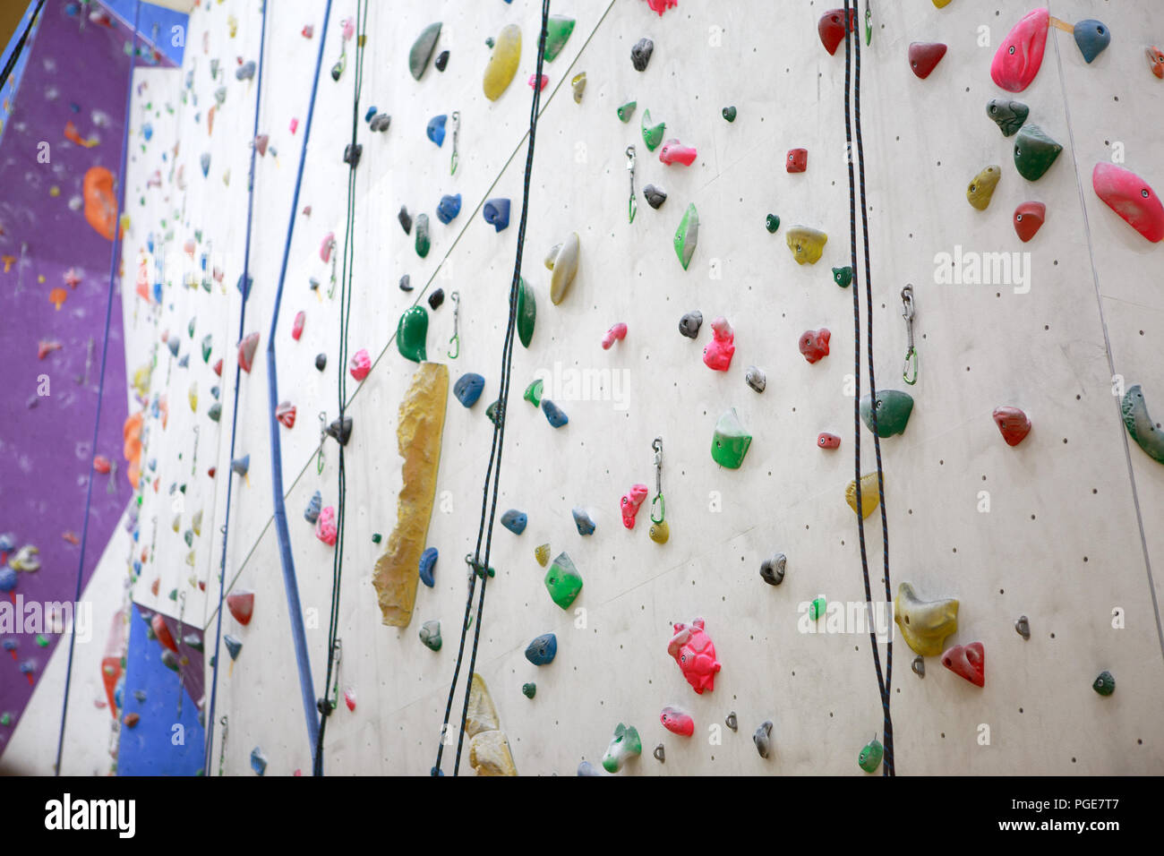 Photo of climbing wall with safety ropes Stock Photo Alamy