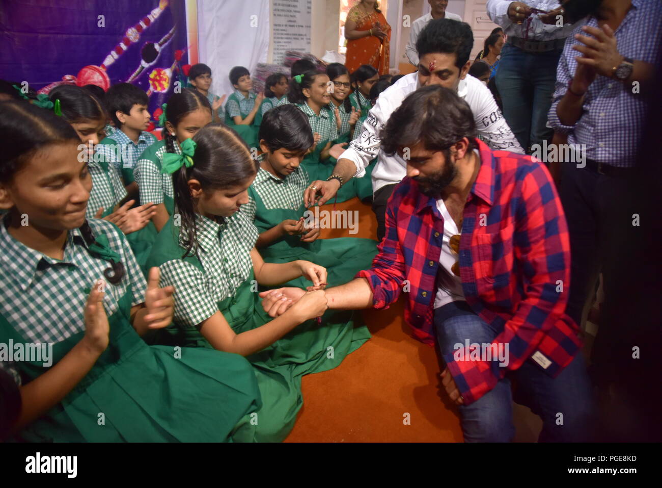 India. 24th Aug, 2018. Yuva Neta Aditya Thackey at Raksha Bandhan ceremony at Shreemati Kamla Mehta Dadar School for the Blind. During the ceremony blind kids tie Rakhi (thread of brother sister bonding) to Deaf and Mute kids of Sadhana School for Deaf and Mute in Mumbai. Credit: Sandeep Rasal/Pacific Press/Alamy Live News Stock Photo