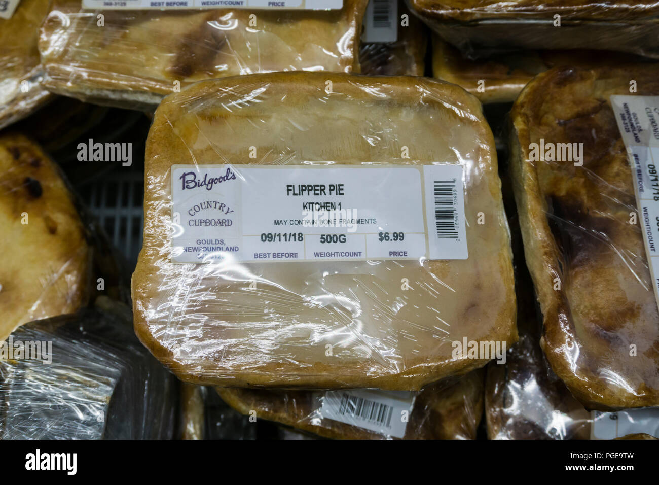 Seal flipper pie on sale in Bidgoods Newfoundland supermarket.  A favourite  regional speciality. Stock Photo