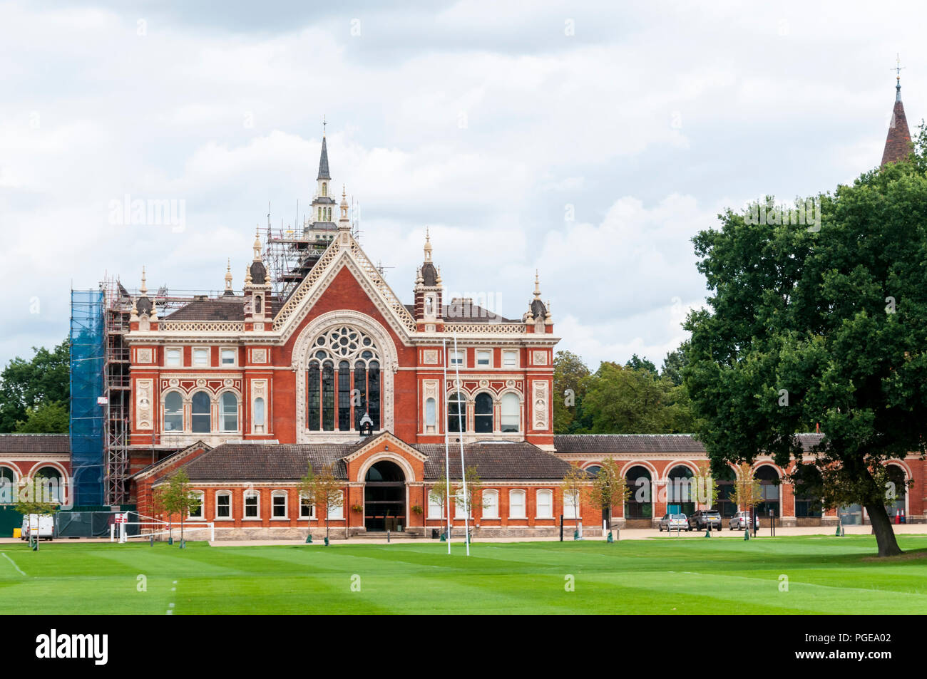 The 19th century New Buildings of Dulwich College in South London seen across the college playing fields. Stock Photo