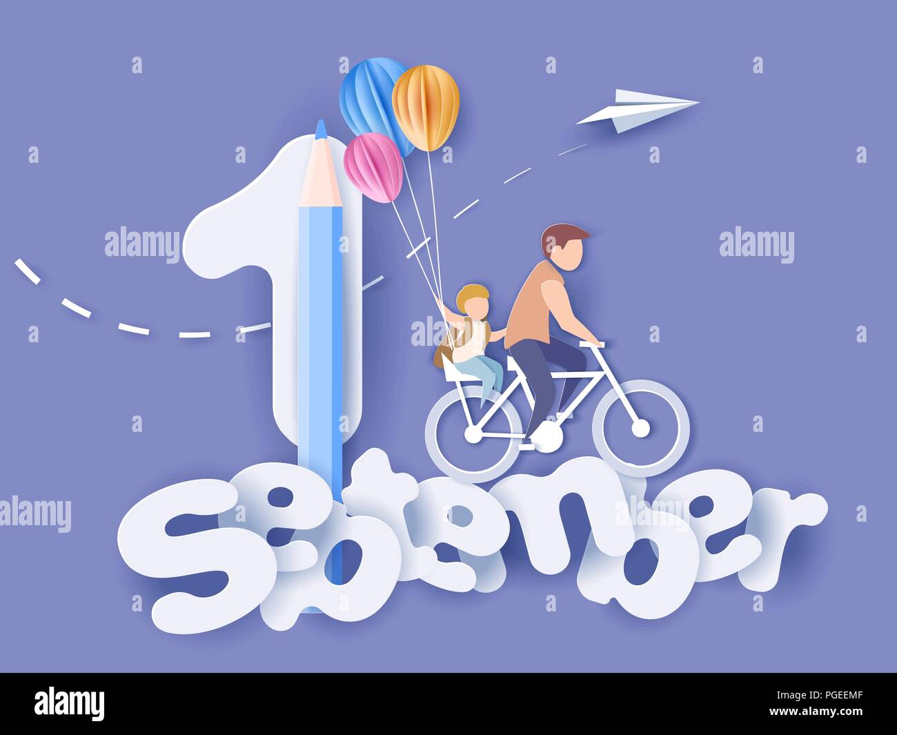 Back to school 1 september card. Children bicycling with air balloons. Paper cut style. Vector illustration Stock Vector