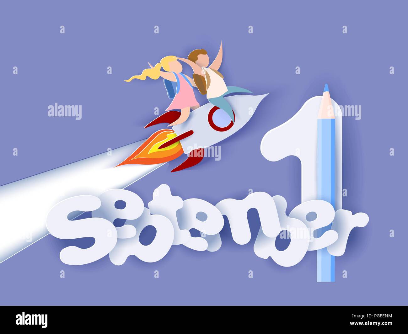 Back to school 1 september card. Children flying on rocket. Paper cut style. Vector illustration Stock Vector