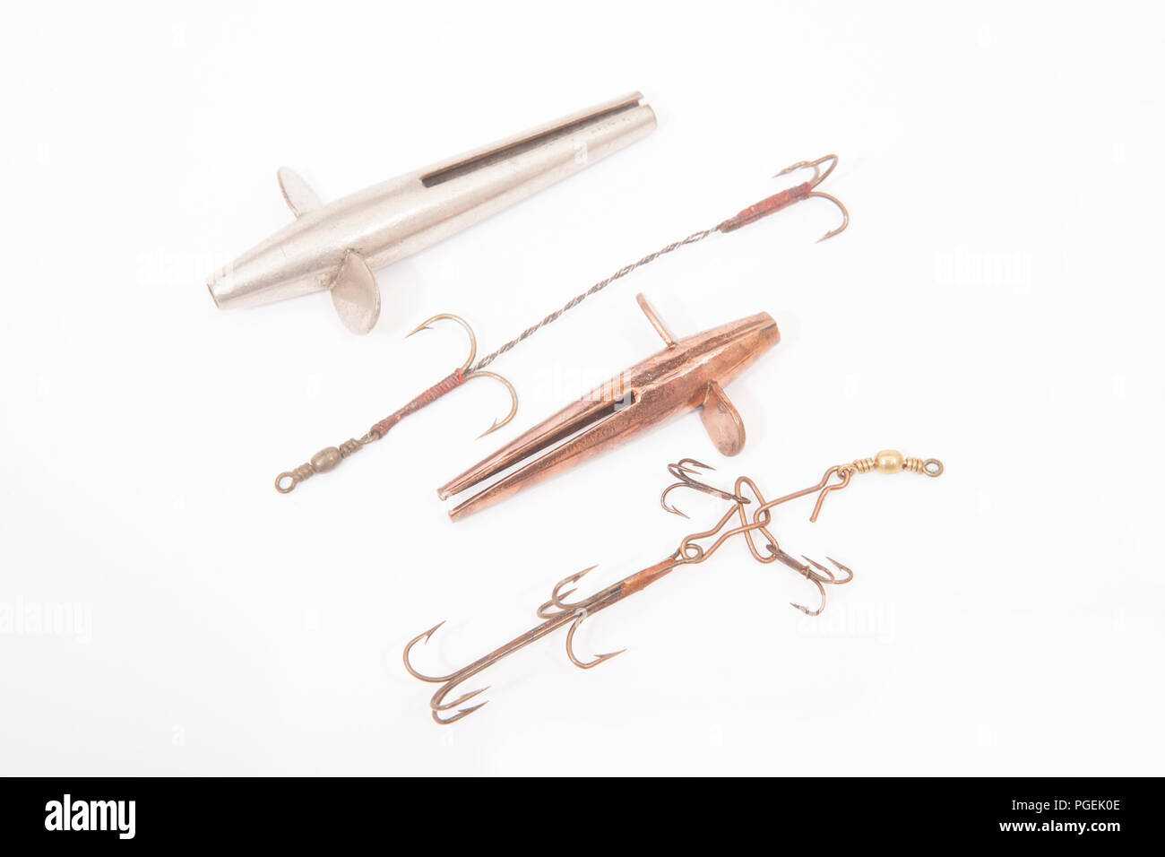 Two old, revolving Devon minnow lures with multiple hooks that have been  removed from the lures. From a collection of vintage fishing tackle. North  D Stock Photo - Alamy