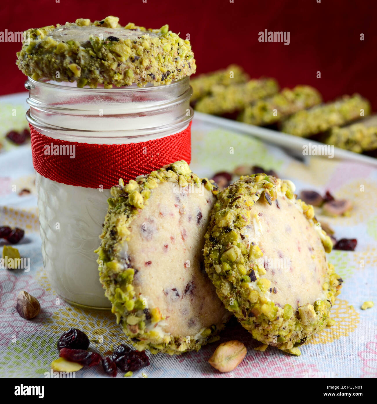 Cranberry Shortbread With White Chocolate And Pistachios Served With A Glass Of Mix In A Mason Jar Decorated With A Red Ribbon Stock Photo Alamy