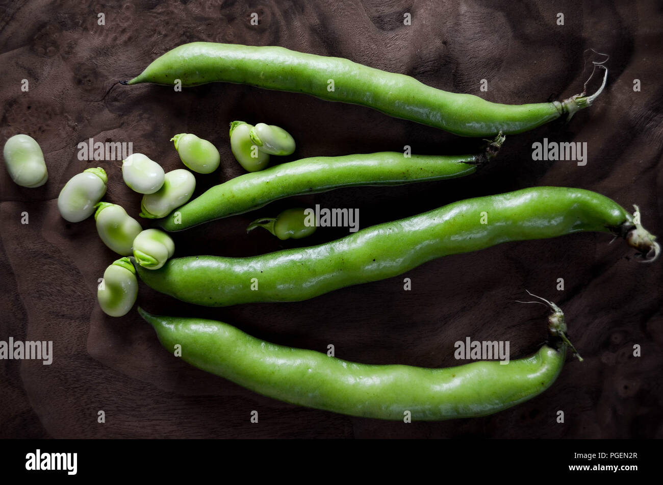 Whole and shelled fava beans (aka Broad Beans, Vicia faba) on a walnut background Stock Photo