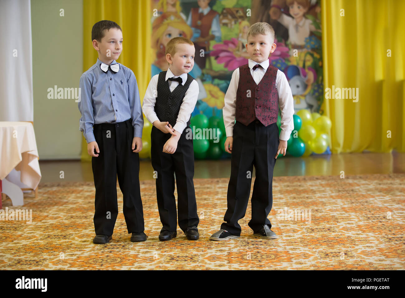 Belarus, Gomel, May 24 2018. The kindergarten is central. Open Day.Three  boys of preschool children on a children's matinee Stock Photo - Alamy