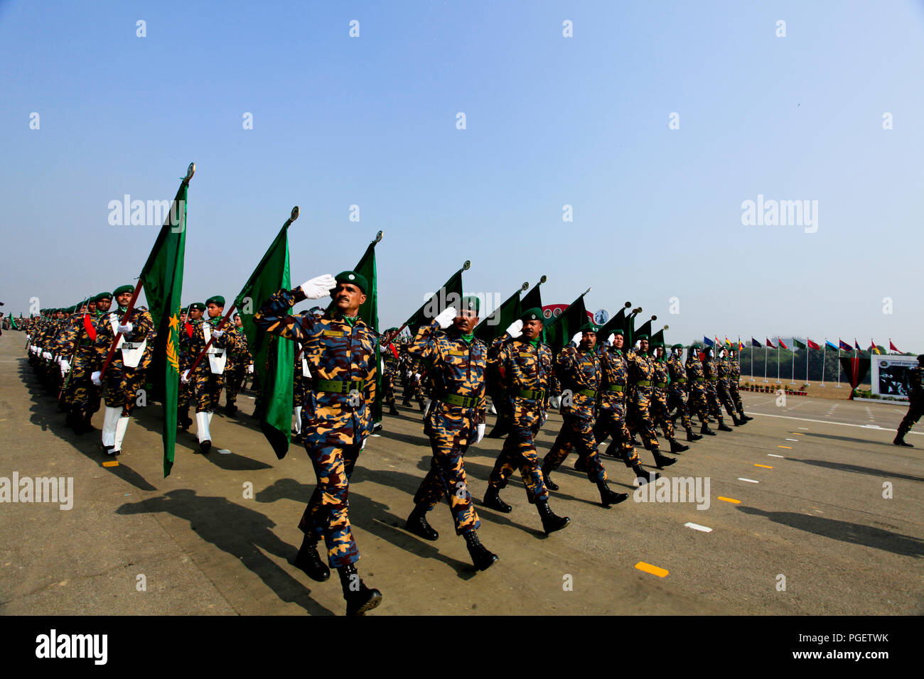 Army, navy, air force and other armed forces stage Victory Day parade at the National Parade Square. Dhaka, Bangladesh. Stock Photo