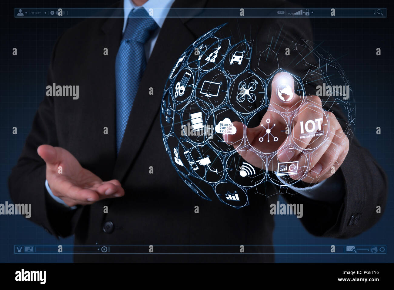 Internet of Things (IOT) technology with AR (Augmented Reality) on VR dashboard.businessman hand  working with touch screen in action Stock Photo