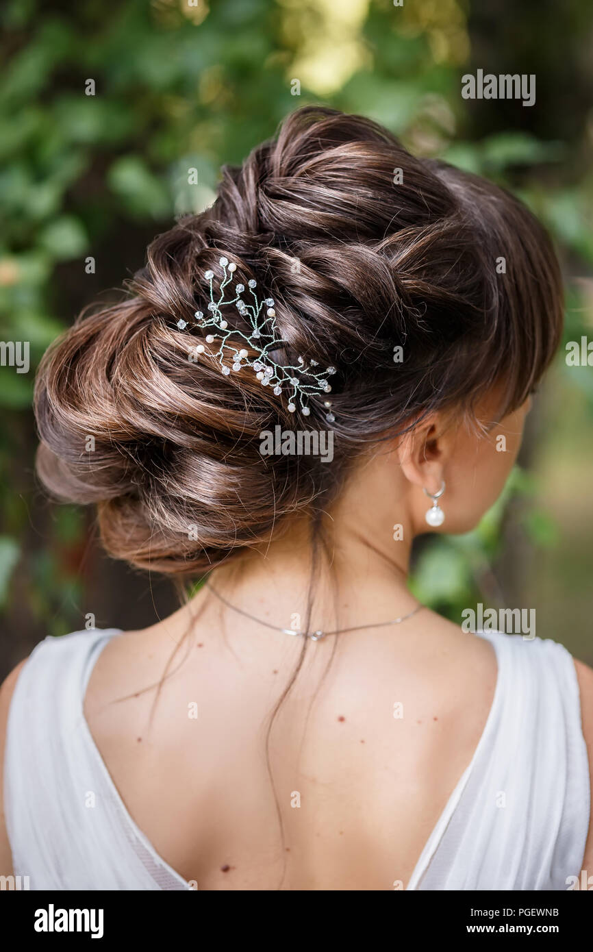 Closeup Bride With Fashion Wedding Hairstyle Back View Stock Photo