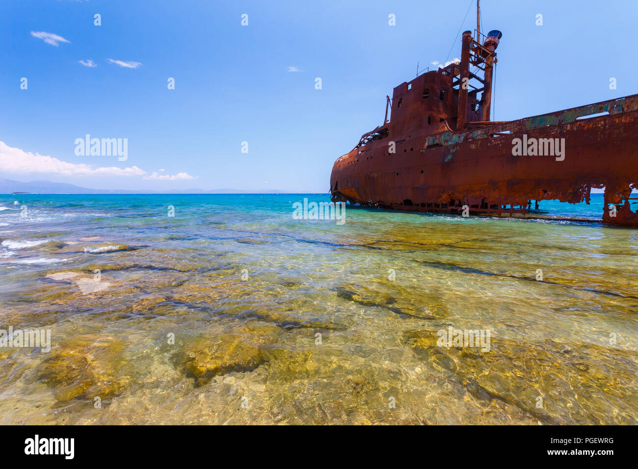 The famous Shipwreck near Gytheio in Lakonia, Greece, famous due to its picturesque location on an easily accessible sandy beach near Gythio Stock Photo