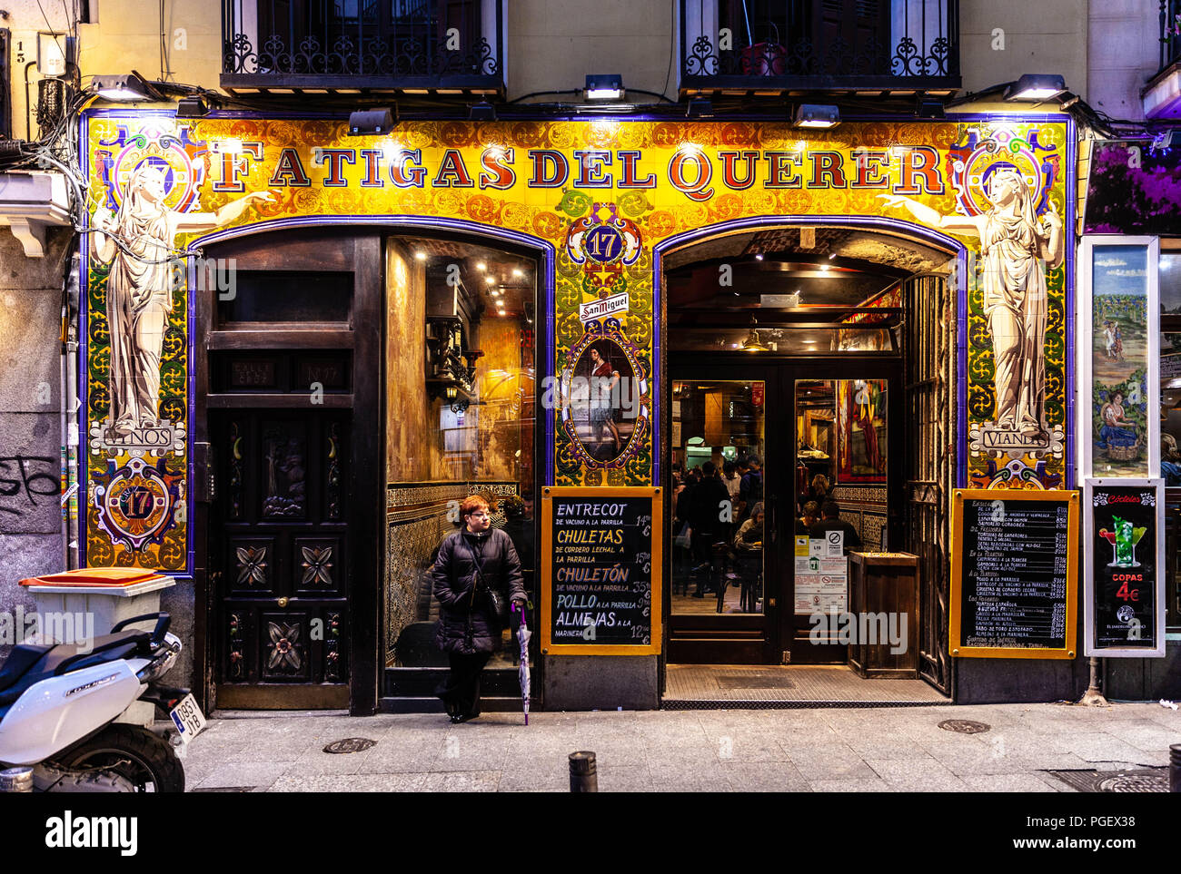 Fatigas del Querer restaurant front view, Calle de la Cruz, Huertas, Madrid, Spain. Stock Photo