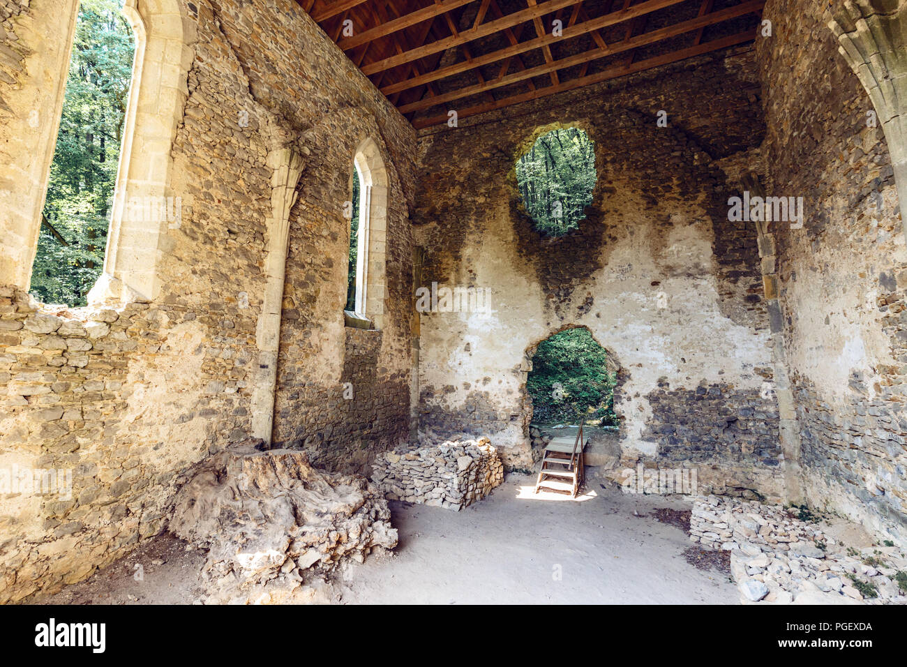 The interior of a 14th Century Church Ruins in Martonyi, Hungary Stock Photo