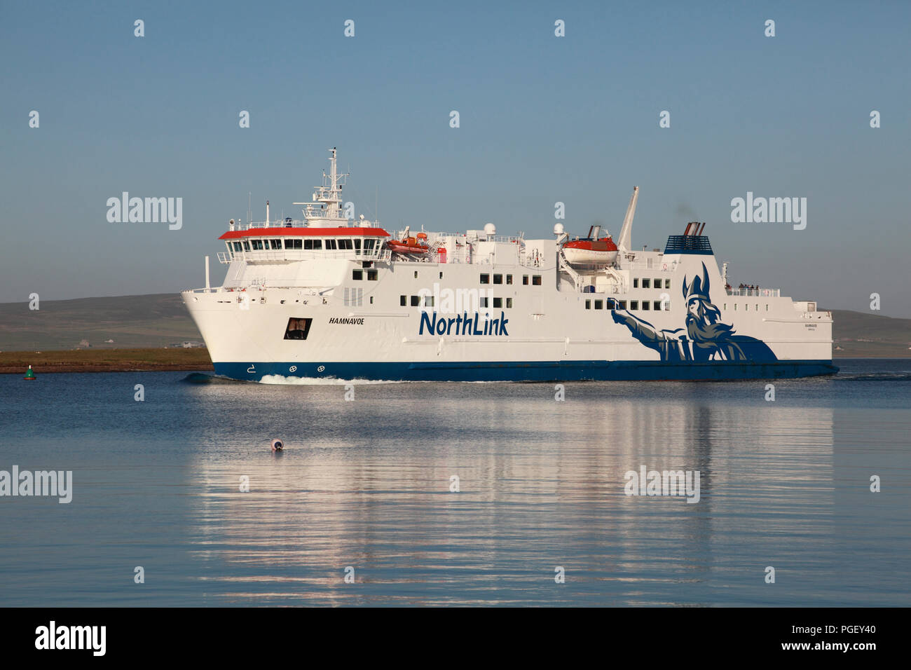 The Northlink ferry MV Hamnavoe entering Stromness harbour in Orkney from Hoy Sound Stock Photo