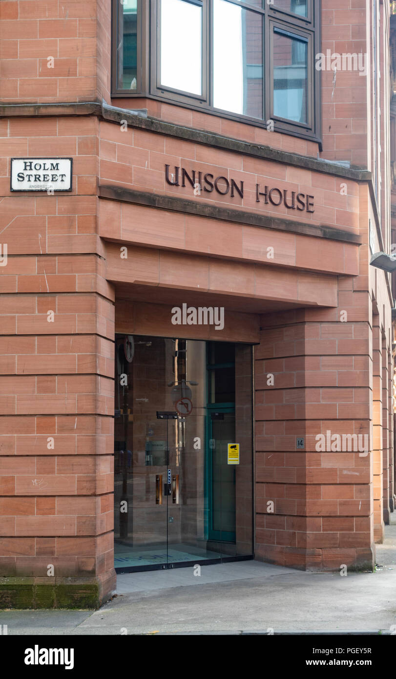 Entrance to Unison House, office of the Unison public service trade union, in central Glasgow, Scotland. Stock Photo