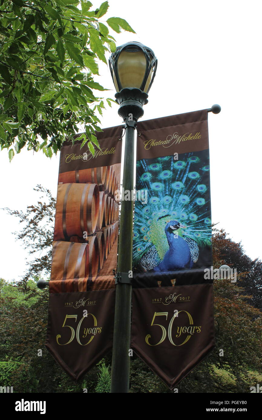 Lamppost with 50 year anniversary banner at Chateau Ste. Michelle, Washington State's oldest winery, located in Woodinville, Washington, near Seattle. Stock Photo