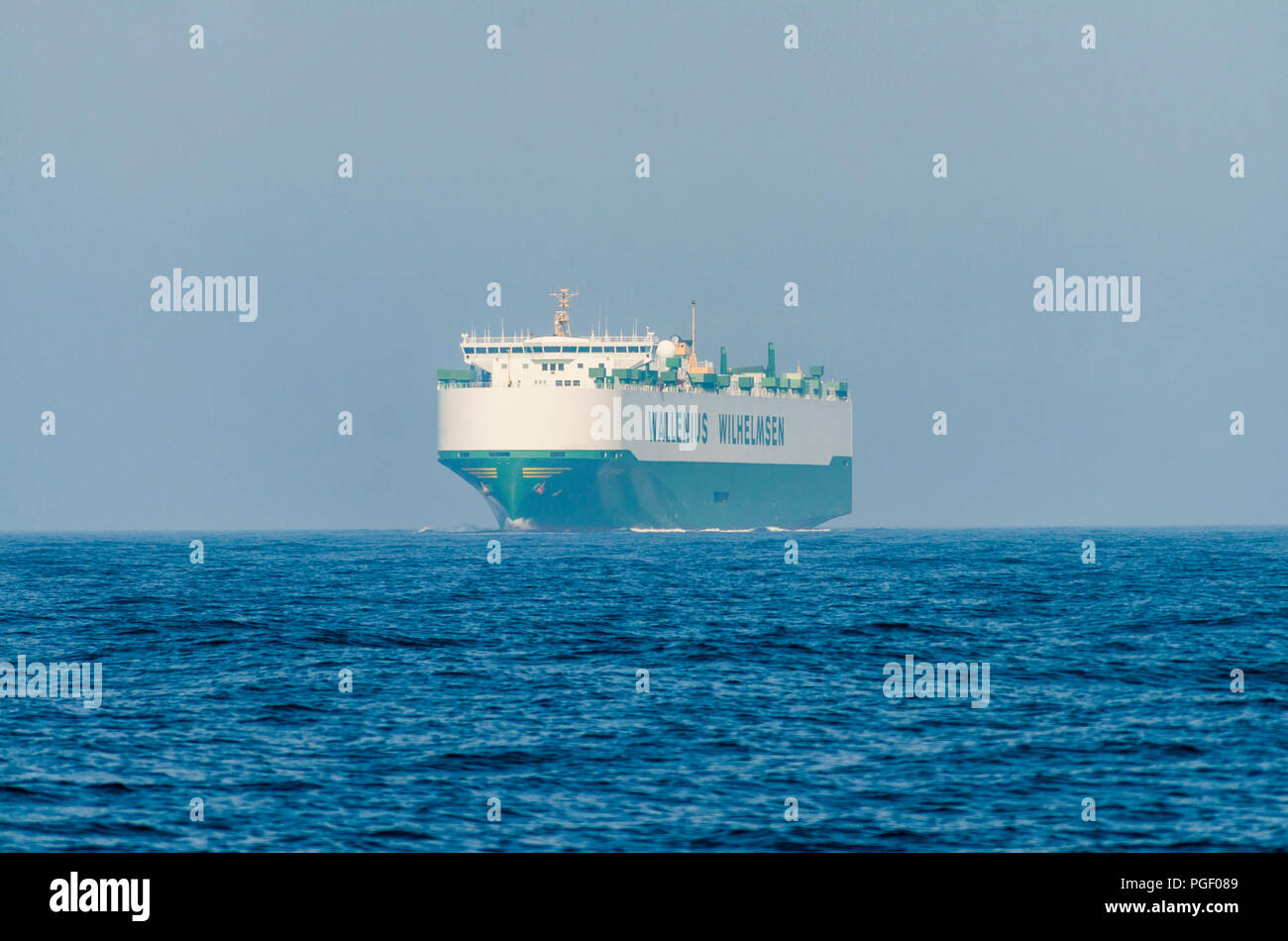 Cargo ship Large Car and Truck Carrier,, at open sea, atlantic ocean, crossing the Strait of gibraltar, Andalusia, Spain Stock Photo