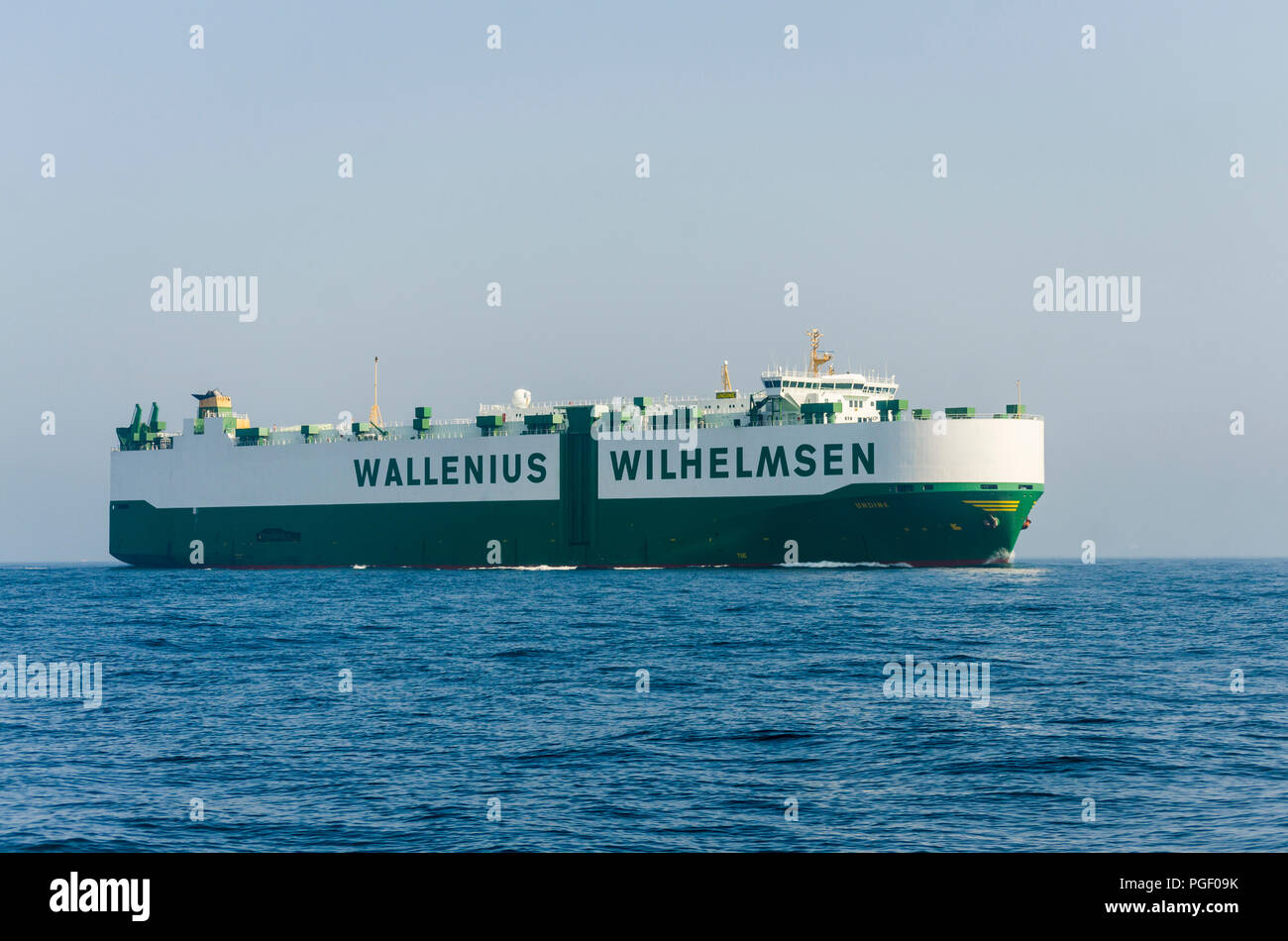 Cargo ship Large Car and Truck Carrier,, at open sea, atlantic ocean, crossing the Strait of gibraltar, Andalusia, Spain Stock Photo