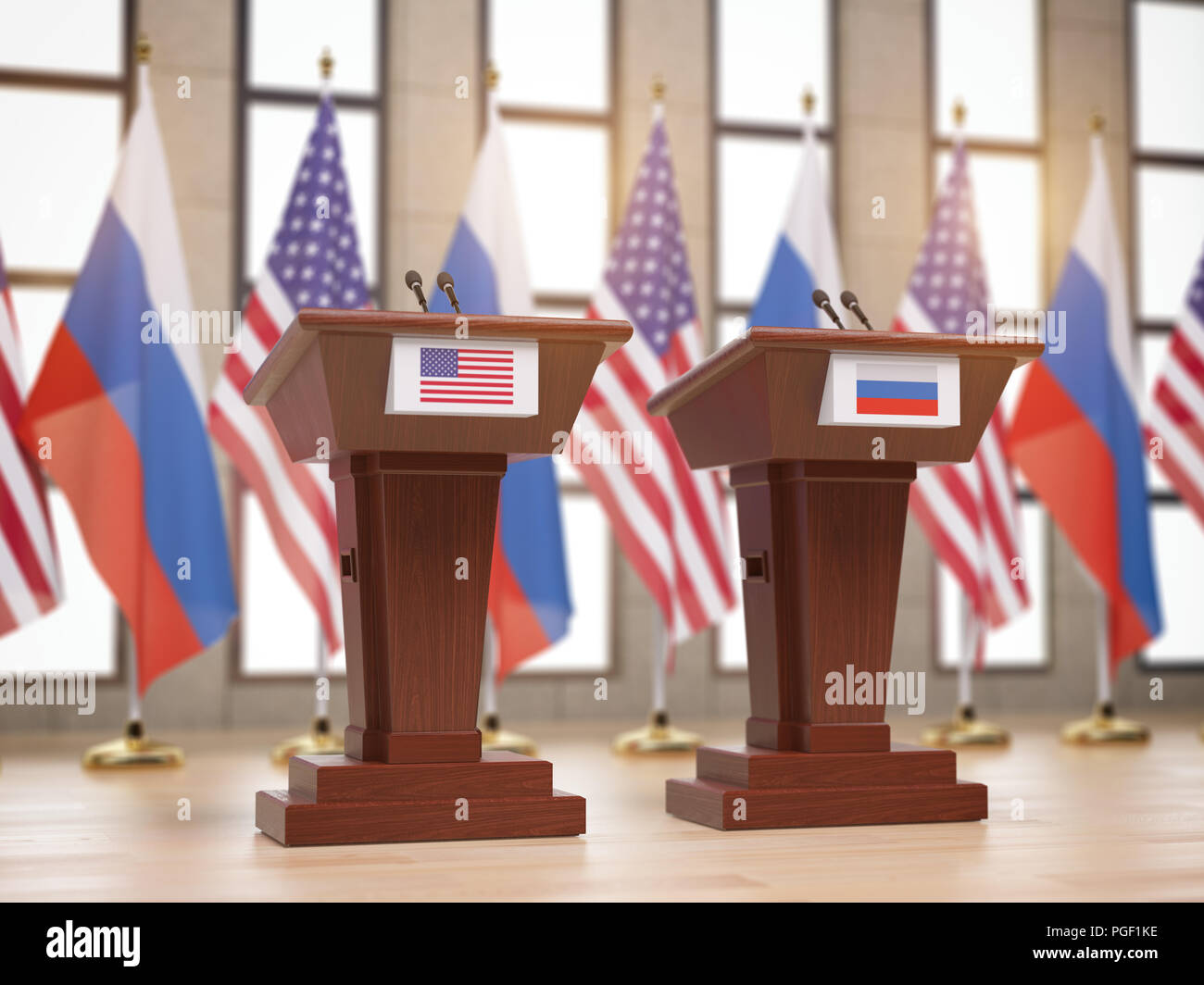 Flags of the USA and Russia and tribunes at international meeting or ...