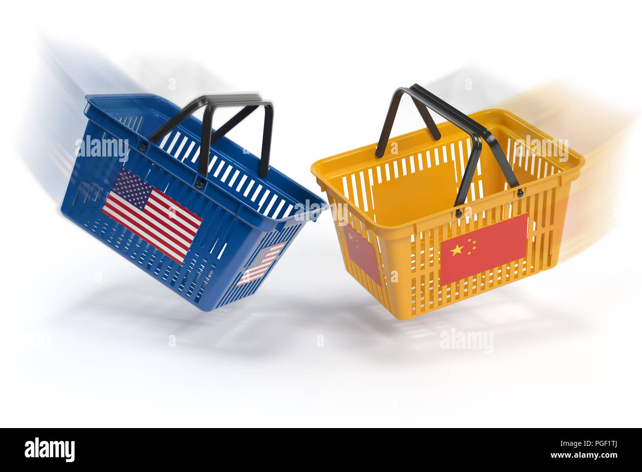 USA China  market conflict.  Economic trade war concept.Two opposing shopping baskets with USA and China flags., 3d illustration Stock Photo
