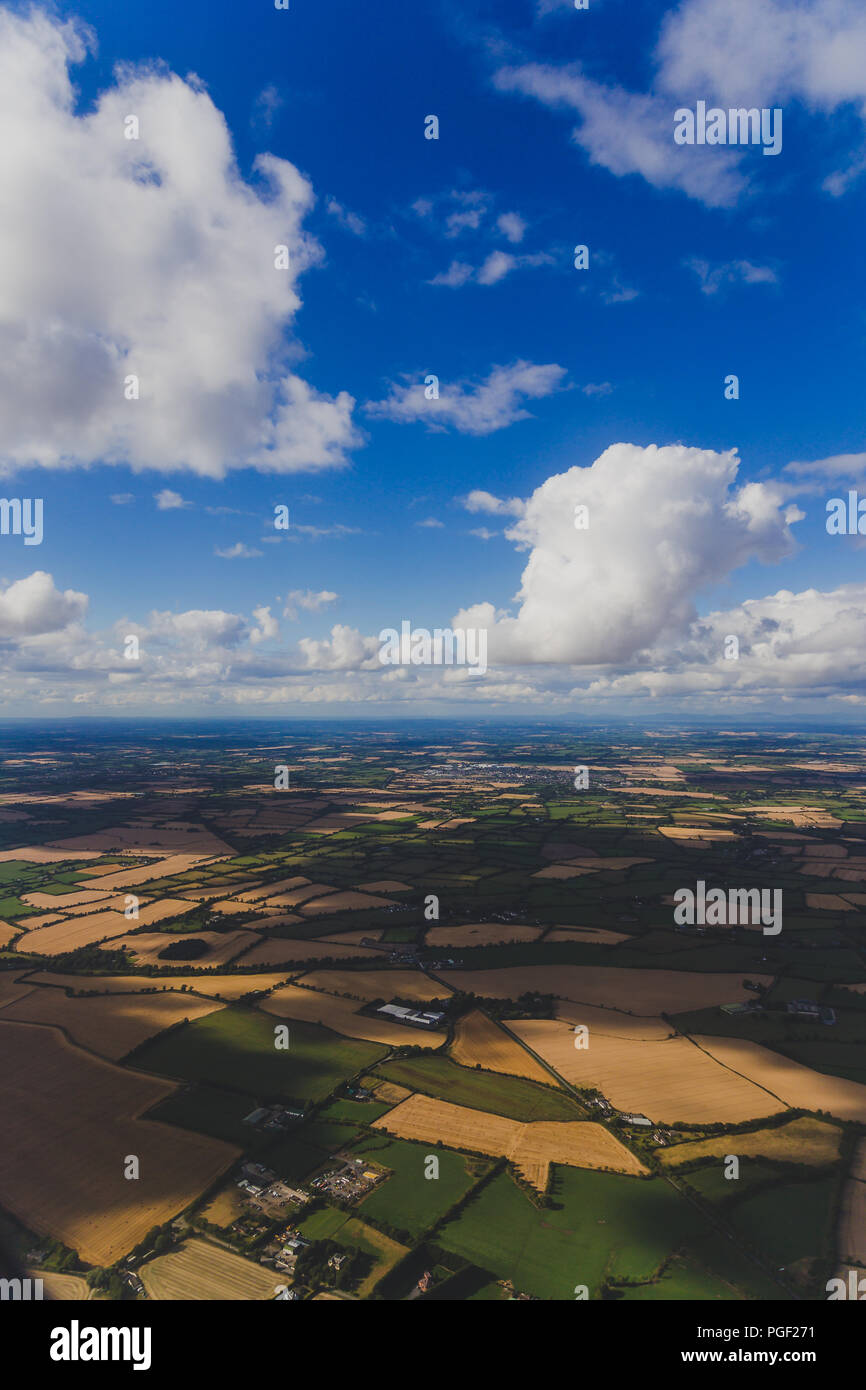 aerial view of Ireland with fields and meadows in dry conditions after the 2018 summer drought Stock Photo