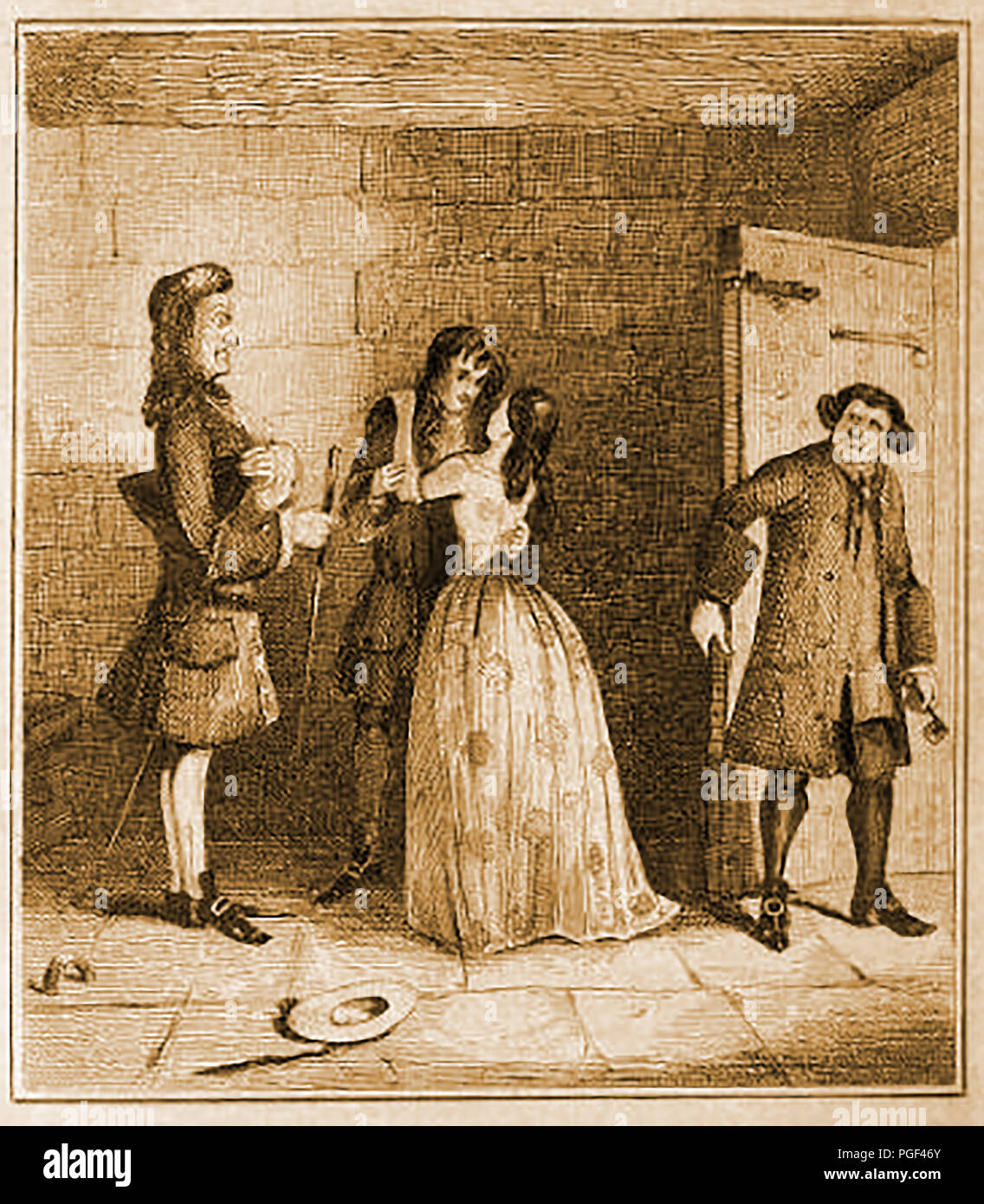 A visit to Claude Duval  or du Vall whilst in prison - (1643 –  1670)  He was a notorious  French highwayman active in  in Restoration England. Never violent and always courteous he nevertheless died on Tyburn gallows tree after being found guilty of six robberies.. Stock Photo