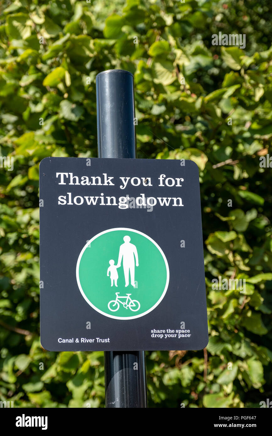 Thank you for slowing down message from Canal & River Trust in Cheshire England UK Stock Photo