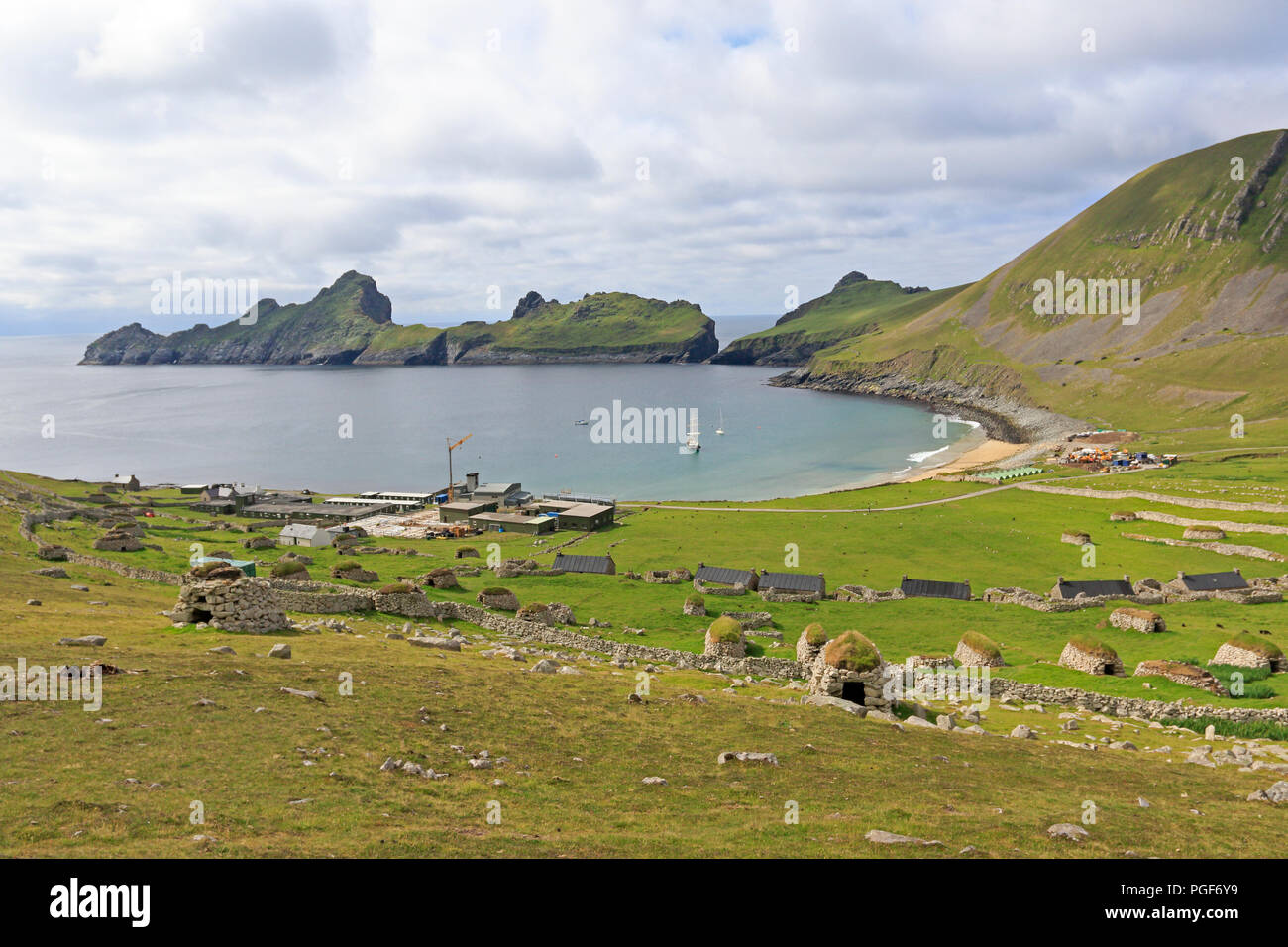 View of Village Bay on Hirta St Kilda Outer Hebrides showing improvements to the military base 2018. Stock Photo